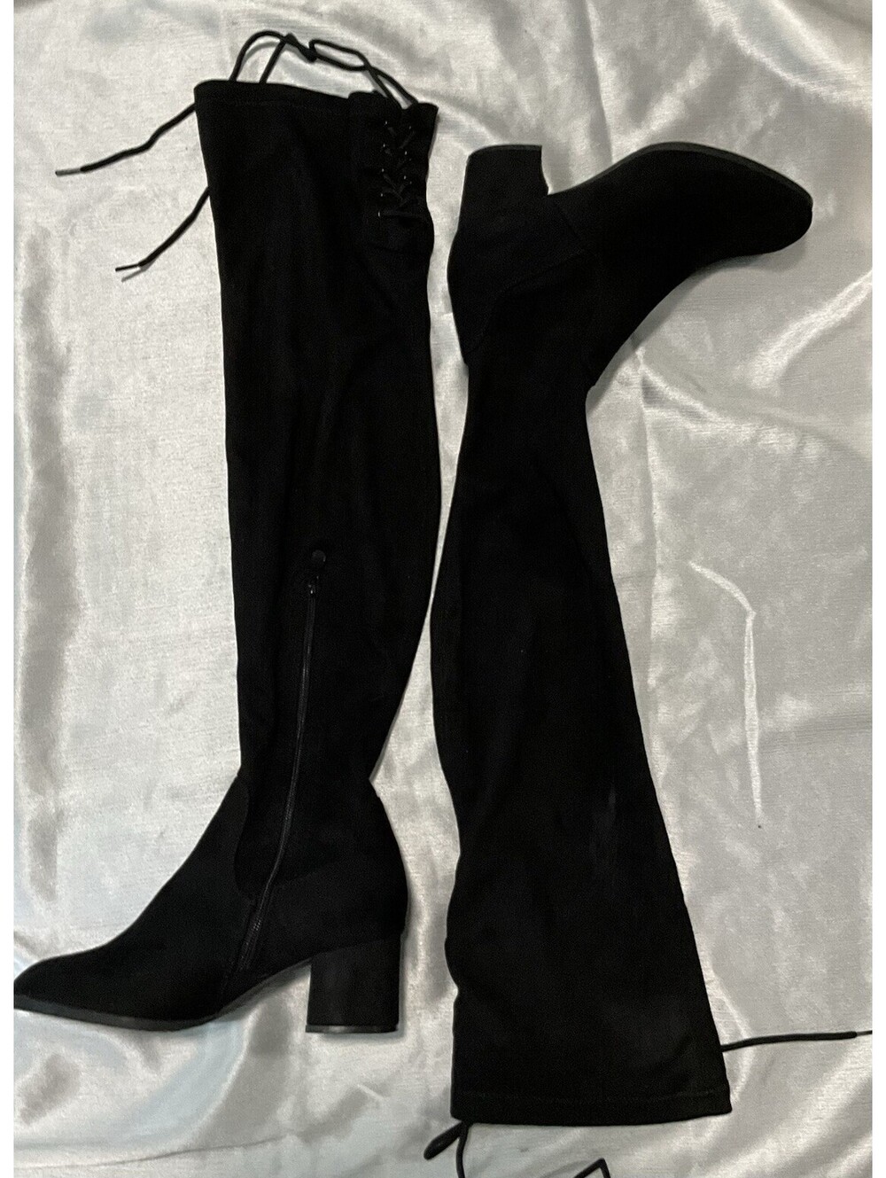 Women's VELVET Over The Knee Thigh High Drawstring Black Boots Size 7.5 Low Heel